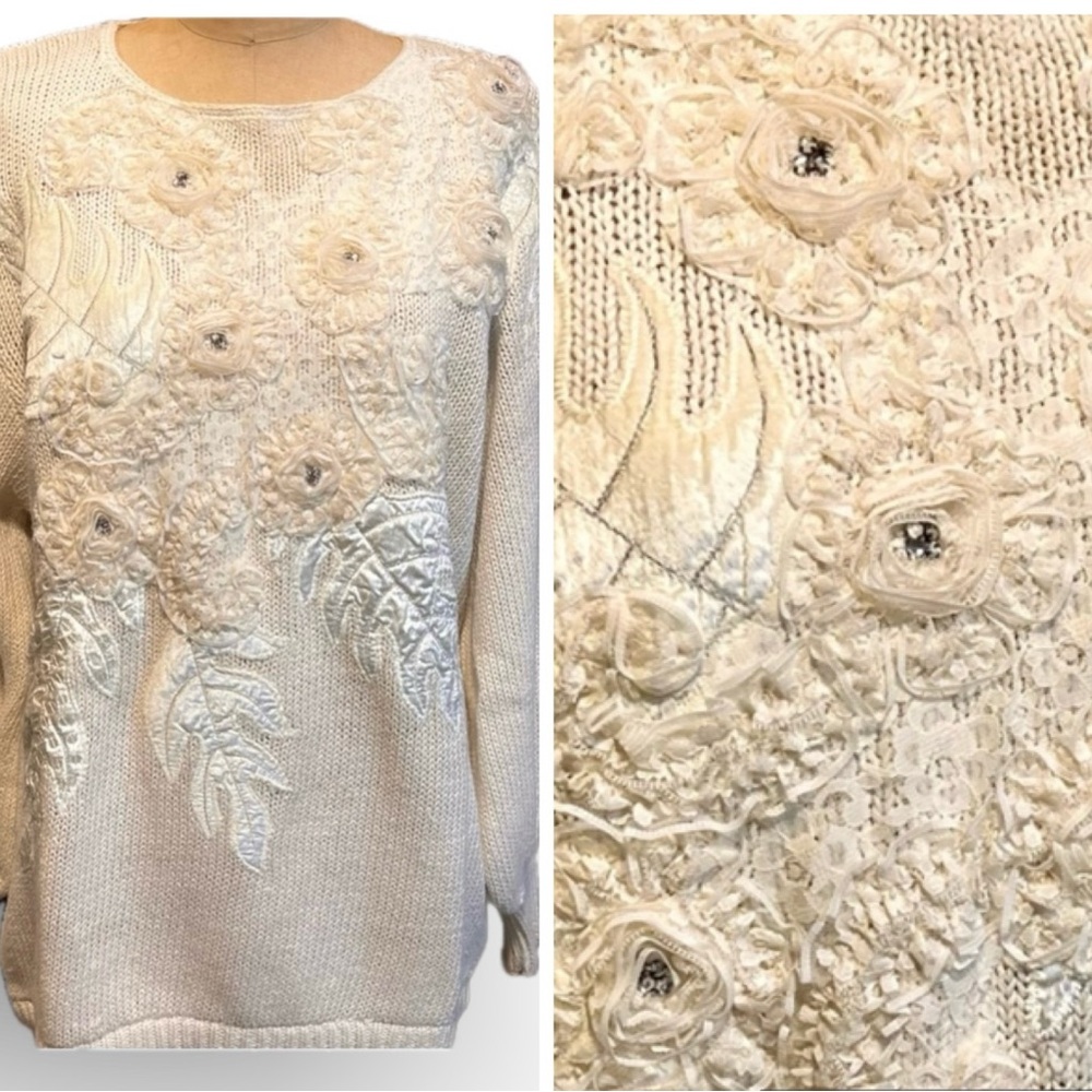 Vintage 80s champagne cream satin velvet embellish sweater shabby chic cottage